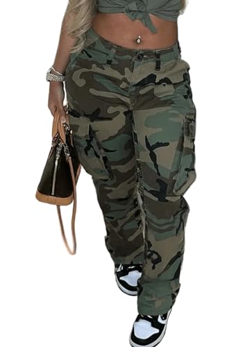 Casual Plus Size Camo Cargo Pants for Women High Waist Slim Fit Camouflage Jogger Army Pants Sweatpants with Pockets