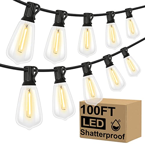 Brightever LED Outdoor String Lights 100FT Patio Lights with 52 Shatterproof ST38 Vintage Edison Bulbs, Outside Hanging Lights Waterproof for Porch, Deck, Garden, Backyard, Balcony, 2700K Dimmable