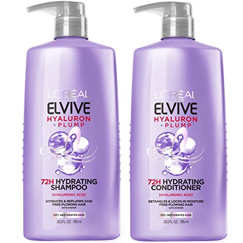 L'Oreal Paris Elvive Hyaluron Plump Shampoo and Conditioner Set for Dehydrated, Dry Hair with Hyaluronic Acid Care Complex, 1 Kit (2 Products)