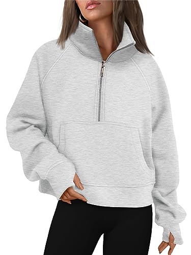 AUTOMET Womens Cropped Sweatshirts Quarter Zip Pullover Half Zipper Oversized Hoodies 2023 Fall Fashion Outfits Winter Clothes Grey