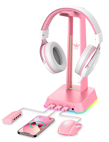 SOSISU RGB Headphones Stand with 3.5mm AUX and 3 USB 2.0 Ports, Gaming Headset Holder Hanger with Non-Slip Rubber Base for SOSISU Gaming Headset(Not Included), PC, Desktop (Pink)