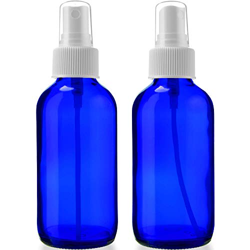 Sally's Organics 4oz Empty Blue Glass Spray Bottles - Small 4 oz Misters Great for Face Spritz, Essential Oils, Beauty Solutions, and Cleaning Sprayer - Portable Atomizer Spritzer - 2 Pack