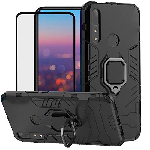 DuoLide for Huawei P Smart Z / Y9 Prime 2019 Case, 2 in 1 Hybrid Heavy Duty Armor Shockproof Defender Kickstand Dual Layer Bumper Hard Back Case Cover Tempered Glass Screen Protector，Black