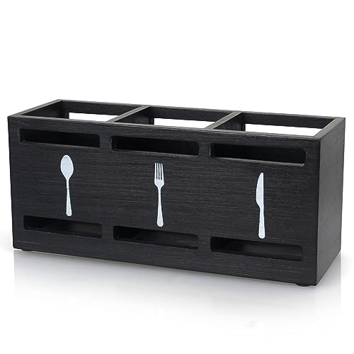 Ayiaren Wooden Silverware Caddies Flatware Cutlery Holder Wood Silverware Organizer Containers Black Kitchen Utensil Holder for Countertop Spoon and Fork Holder Flatware Utensils Caddy for Party