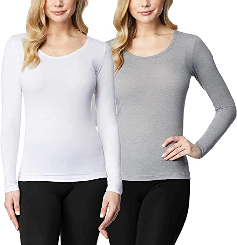 32 Degrees Women's 2 Pack Ultra Light Thermal Baselayer Scoop Top, White/Cloud Cover, Medium