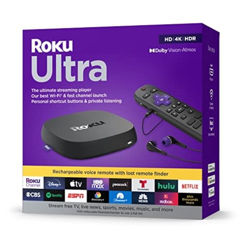 Roku Ultra | The Ultimate Streaming Device 4K/HDR/Dolby Vision/Atmos, Rechargeable Roku Voice Remote Pro, Ethernet Port, Hands-Free Controls, Lost Remote Finder, Free & Live TV