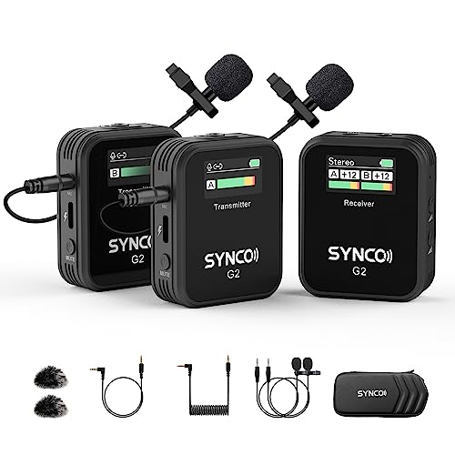 SYNCO Wireless Lavalier Microphone, G2(A2) 2.4G Dual Transmitter Lapel Mic 492FT 8H for Online Class Vlog Stream YouTube for Camera Smartphone Tablet