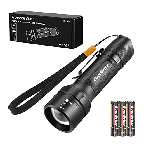 EverBrite 400 Lumens Aluminum LED Flashlight, Zoomable Flashlight with Lanyard&Clip, 4 Modes, IPX4 Waterproof, for Camping Hiking, Emergency, EDC, Survival Use, Batteries Included