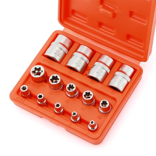 CASOMAN 14 Pieces Female E-TORX Star Socket Set, Female External Star Socket Set, E4 - E24 Torque Socket Set, 1/4'Dr. 3/8'Dr. 1/2'Dr.