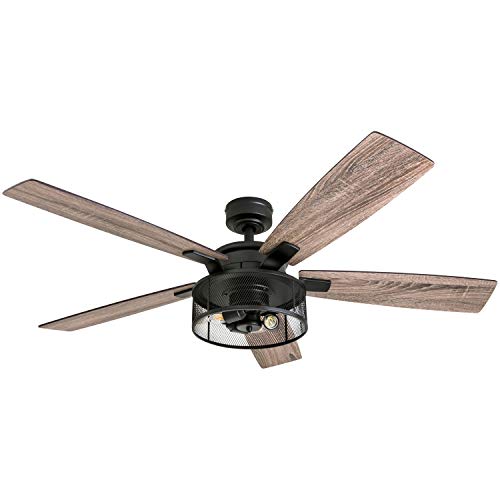 Honeywell Ceiling Fans Carnegie, 52 Inch Industrial Style Indoor LED Ceiling Fan with Light, Remote Control, Dual Mounting Options, 5 Dual Finish Blades, Reversible Airflow - 50614-01 (Matte Black)