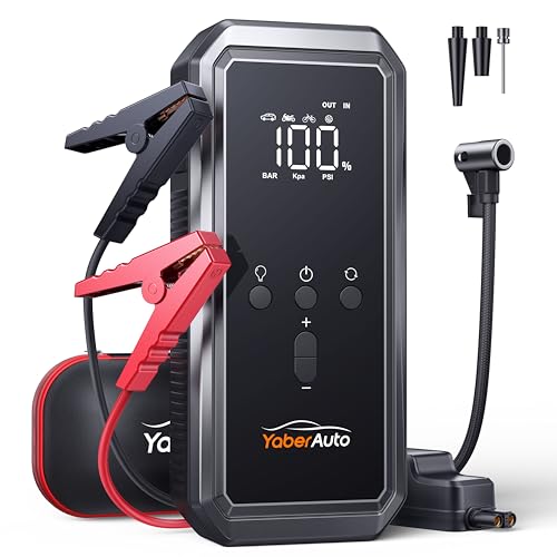 Portable Car Jump Starter with Air Compressor, YaberAuto 150PSI 3500A Car Battery Jump Starter (9.0 Gas/8.0L Diesel), 12V Jump Box Car Battery Jumper Starter with Large LCD Display, Lights