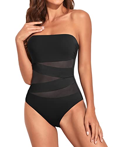 Holipick Women Black Strapless Bandeau One Piece Swimsuits Sexy Mesh Cutout Bathing Suits Tummy Control Swimwear S
