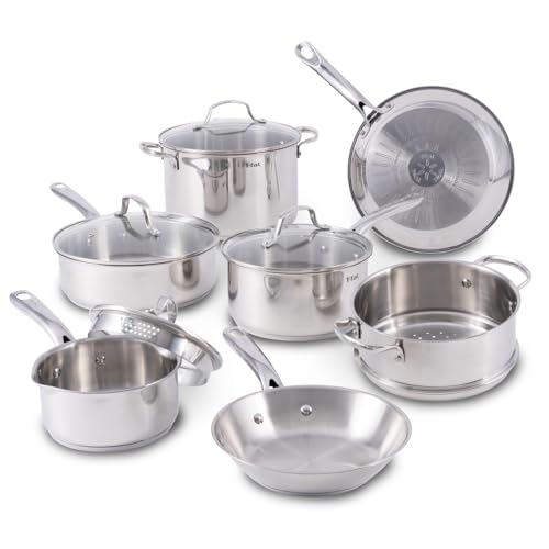 T-fal Stainless Steel Cookware Set 11 Piece Induction Oven Broiler Safe 500F Pots and Pans, Dishwasher Safe Silver