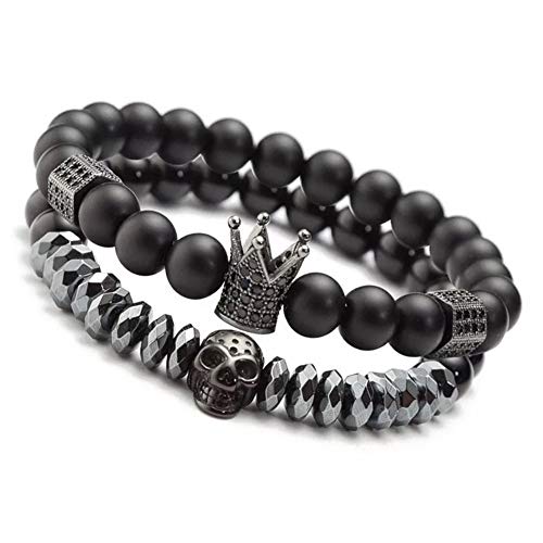 YASUTGAS 8mm Charm Beads Bracelets for Men with Black Onxy Stone King Crown Skull Handmade Jewelry, 7.5' Mens Bracelet