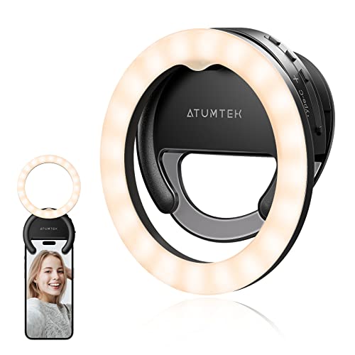 ATUMTEK 4' Rotatable Selfie Ring Light for Phone, Rechargeable Clip-on Ring Light for Photo and Video, 3 Color Temperatures for Streaming, TikTok, Instagram, Zoom Meeting and Video Conference, Black