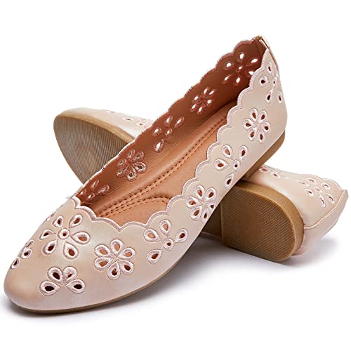 Women's Ballet Flats Black PU Leather Dress Shoes Comfortable Round Toe Slip on Flats with Floral Eyelets(Pink.US9)