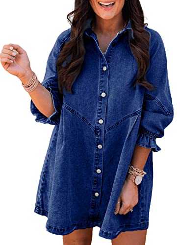 Sidefeel Womens Smocked 3 4 Sleeve Button Down Denim Jeans Dresses Large Blue
