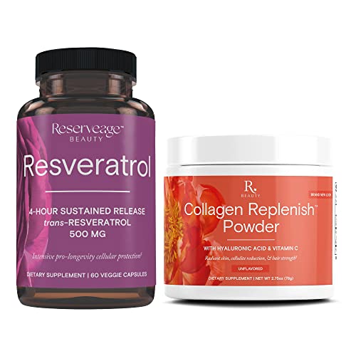 Reserveage Resveratrol & Collagen Replenish Powder - Resveratrol & Collagen Supplement with Hyaluronic Acid and Vitamin C - 60 Resveratrol Capsules, 2.75-Ounce Collagen Powder