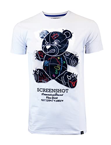 SCREENSHOT-S11113 Mens Hip-Hop Ultra Premium Quality Tee - Shiny Cartoon Teddy Bear Patch Embroidery Gel Print T-Shirt-White-2XLarge
