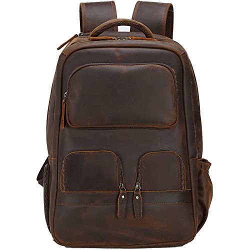 Masa Kawa Full Grain Leather 15.6 Inch Laptop Backpack for Men Vintage Large Business Travel Rucksack Bag Overnight Daypack, Brown