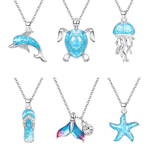 Udalyn 6 Pcs Ocean Blue Sea Pendant Necklace Chain Sea Turtle Dolphin Jellyfish Mermaid Fishtail Starfish Flip Flop Clavicle Chain Necklace for Women