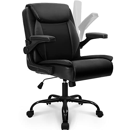 NEO CHAIR Office Chair Adjustable Desk Chair Mid Back Executive Comfortable PU Leather Ergonomic Gaming Back Support Home Computer with Flip-up Armrest Swivel Wheels (Jet Black)