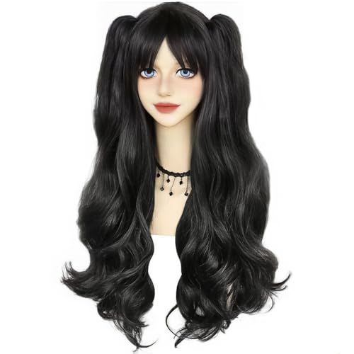 Anogol Hair Cap+ Black Pigtail Wig Nadja Wig Rin Tohsak Wig Long Black Cosplay Wig Women Girls Lolita Wig 2 Ponytails with Natural Clips Synthetic Wig for Halloween Costume Party Wig