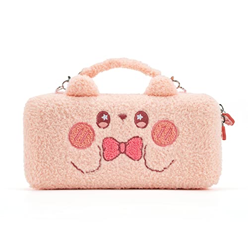 GeekShare Pink Bunny Plush Bag Carry Case Compatible with Nintendo Switch/OLED - Portable Slim Travel Carrying Case with Removable Handle Fit Switch Console & Game Accessories
