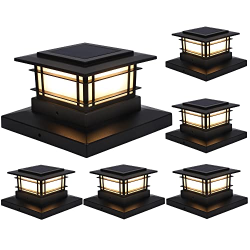 Dynaming 6 Pack Solar Post Lights Outdoor, Solar Powered Fence Post Cap Lights, High Brightness Warm White SMD LED Lighting Decor for Garden Deck Patio, Fit 4x4, 5x5 or 6x6 Vinyl/Wooden Posts