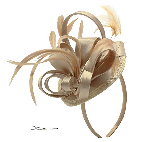 Fascinator Hats For Women Feather Cocktail Party Hats Bridal Kentucky Derby Headband (Light Khaki)