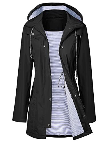 Women Rain Jacket Belted Adjustment Hooded Long Lightweight Packable Outerwear Waterproof Breathable Cotton Lined Raincoat Black M