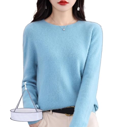 LOSD Cashmere Sweaters for Women, Womens Cashmere Sweaters, Merino Wool Sweaters, Cashmere Crewneck Sweaters(Lake Blue,Large)