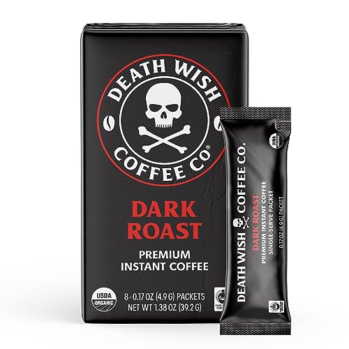 Death Wish Coffee Instant Dark Roast Coffee Packets, Bold & Intense Blend of Arabica & Robusta Beans, USDA Organic, 8 Count