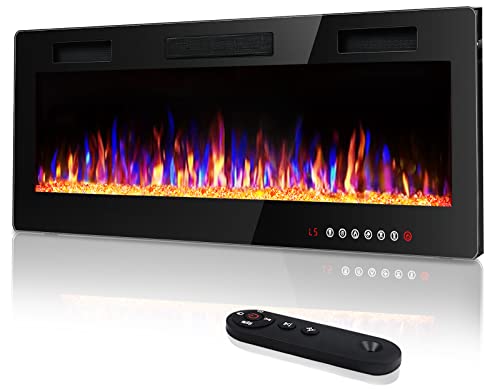 Vitesse 50 inch Ultra-Thin Electric Fireplace in-Wall Recessed and Wall Mounted Linear Fireplace Heater with Multicolor Flame,Timer,Low Noise,750/1500W,Touch Screen & Remote Control(50’’)