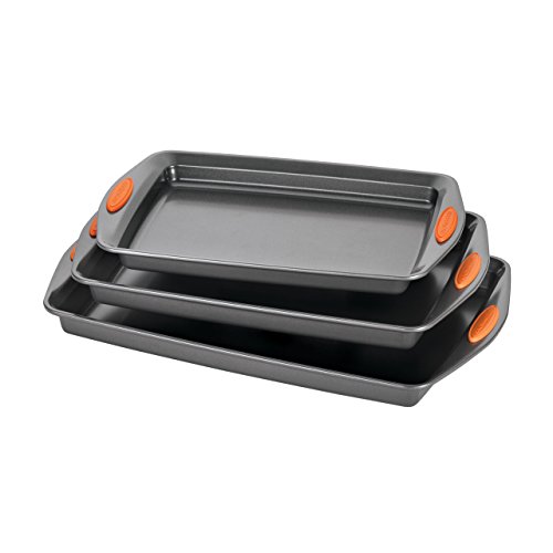 Rachael Ray Nonstick Bakeware Set with Grips, Nonstick Cookie Sheets / Baking Sheets - 3 Piece, Gray with Orange Grips