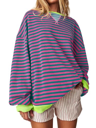 Fisoew Womens Striped Oversized Sweatshirt Color Block Crew Neck Long Sleeve Shirt Casual Loose Pullover Top Y2K Clothes Pink