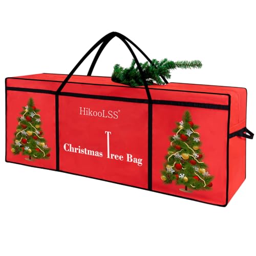 HikooLSS Christmas Tree Bags Storage 7.5 Ft Large Christmas Tree Bag,Reusable Heavy Duty 600D Oxford Santa Tree Box/Container/Holder for Big Artificial Xmas Tree/Holiday Trees Red(60X18X25in)
