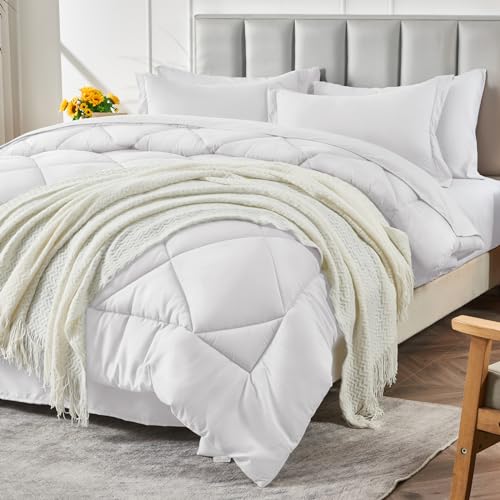 CozyLux King Bed in a Bag 7-Pieces Comforter Sets with Comforter and Sheets White All Season Bedding Sets with Comforter, Pillow Shams, Flat Sheet, Fitted Sheet and Pillowcases