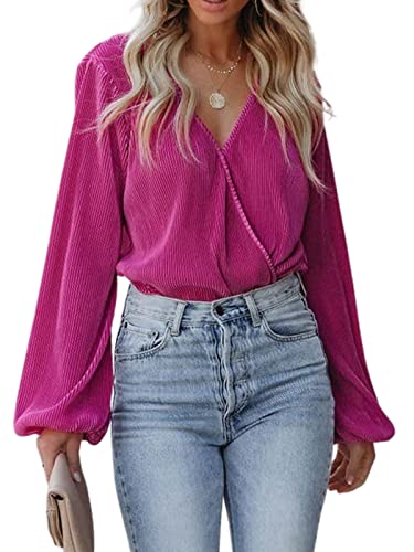 CUPSHE Women Peasant Sleeve Tops Casual Loose Fit V Neck Solid Ruched Blouses,M Fuchsia