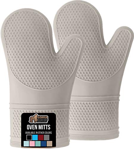 Gorilla Grip Heat and Slip Resistant Silicone Oven Mitts Set, Soft Cotton Lining, Waterproof, BPA-Free, Long Flexible Thick Gloves for Cooking, Kitchen Mitt Potholders, 12.5 in, Almond