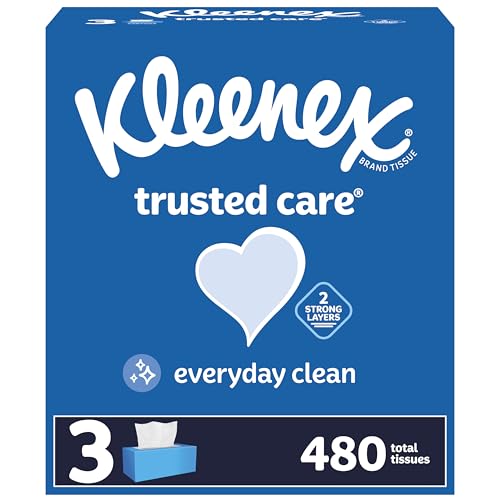 Kleenex Trusted Care Facial Tissues, 3 Flat Boxes, 160 Tissues per Box, 2-Ply (480 Total Tissues), Packaging May Vary