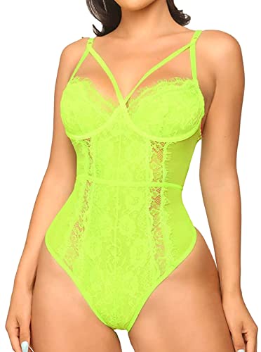 Aranmei Lingerie for Women Sexy Eyelash Lace bodysuit Snap Crotch Teddy Lingerie Fluorescent Green