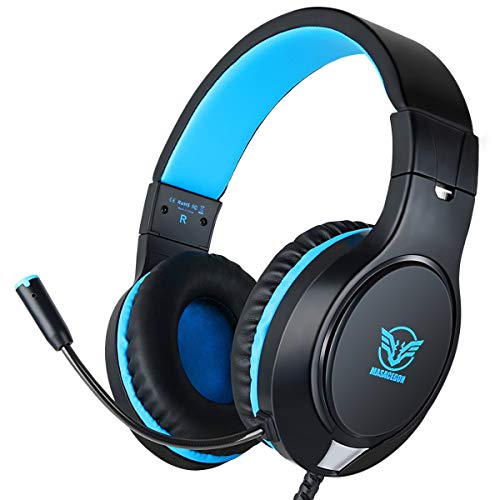 Gaming Headset for Nintendo Switch, Xbox One, PS4, PS5, Bass Surround and Noise Cancelling with Flexible Mic, 3.5mm Wired Adjustable Over-Ear Headphones for Laptop PC iPad Smartphones (Blue-Black)