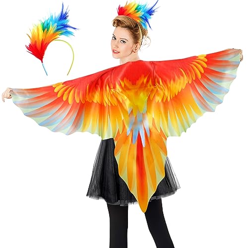 iROLEWIN Bird-Wings-Costume for Women Adults-Parrot-Costume with Feathers Headband Owl Eagle Big Shawl Cape Party Favors