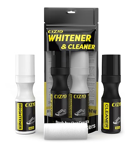 Shoe Cleaner Whitener for Sneaker, COZGO Shoe Cleaning and Whitening Kit, 3.5oz Shoe Cleaner and 3.5oz Whitener, No extra brushes needed,Work on White shoe,Sneaker,Canvas,Mesh,Tennis,PU,Fabric,Leather