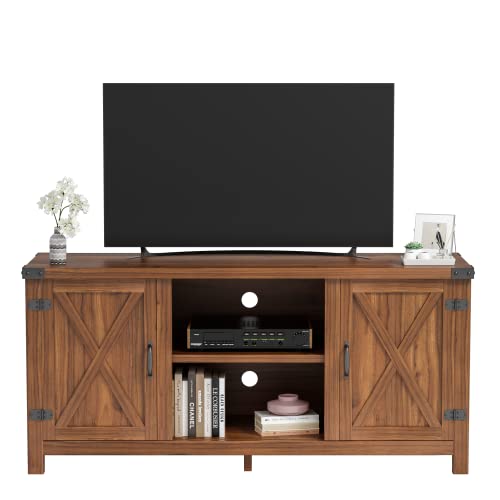 JUMMICO TV Stand for 65 Inch TV Farmhouse Entertainment Center with Double Barn Doors and Storage Cabinets, Console TV Table Media for Living Room, Bedroom (Walnut, Without Fireplace)