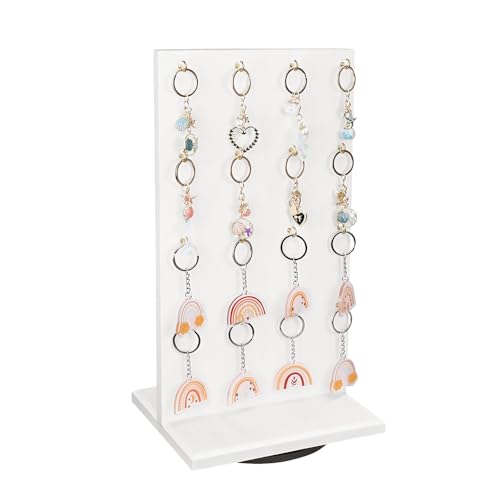 Ikee Design Wooden Rotating Two-Sided Jewelry Display Stand, Rotating Organizer with 32 Hooks for Store, Earring Display with Hooks, KeyChain Display, Wash White color, 9 W x 7.5 D x 16.5 H in