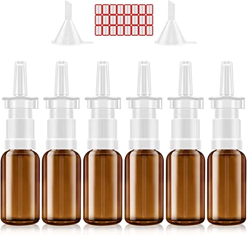 Nasal Spray Bottle, 6 Pcs 30ML/1oz Glass Amber Refillable Fine Mist Sprayers Atomizers, Small Empty Nasal Sprayer with Funnels and Labels