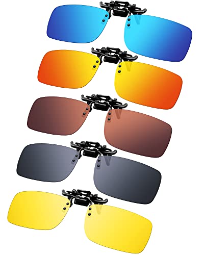 5 Pairs Polarized Clip-on Sunglasses for Men Women Rimless Sunglasses Clip On Rectangular Unisex Flip Up Anti-glare Fishing Driving Over Prescription Glasses (Various Color,2.24 x 1.42 Inch)