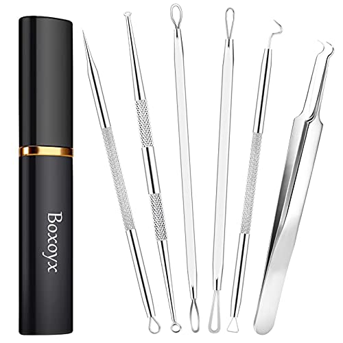 Boxoyx Pimple Popper Tool Kit - 6 Pcs Blackhead Remover Comedone Extractor Tool Kit with Metal Case for Quick and Easy Removal of Pimples, Blackheads, Zit Removing, Forehead, Facial and Nose(Silver)